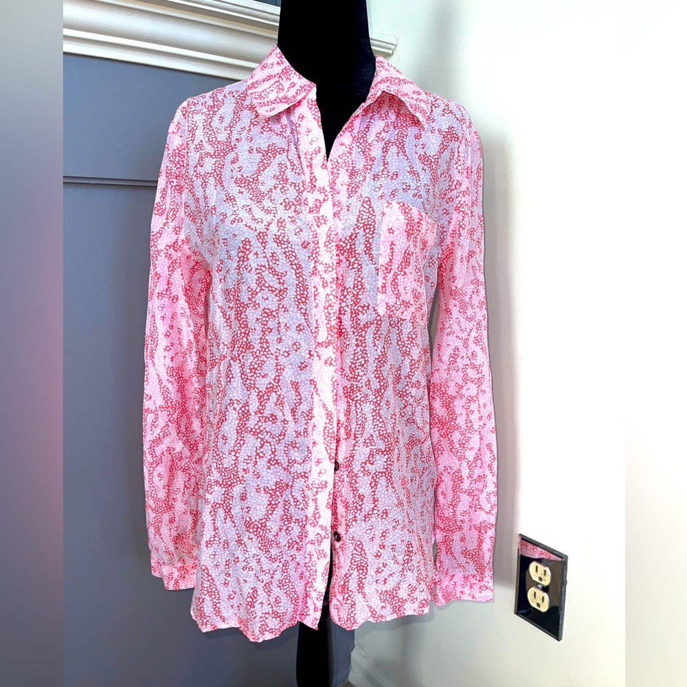 Diane Von Furstenberg Size 4 Sheer Silk Blend Button Down Shirt Blouse Pink